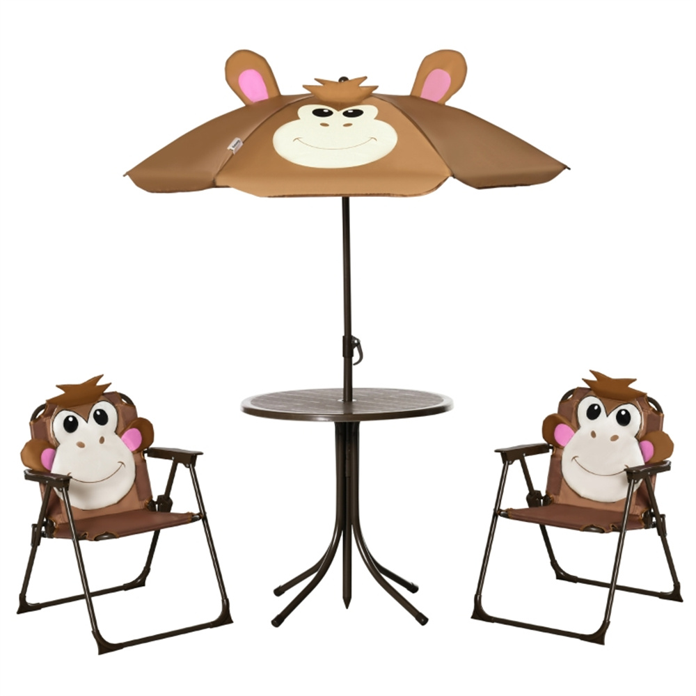 Kids Outdoor Dining Set - Niedliches Affen-Kinder-Terrassen-Tisch-und-Stuhl-Set mit abnehmbarem Cartoon-Sonnenschirm, faltbare