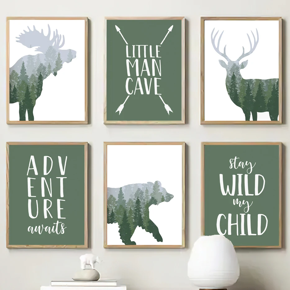 Kids Outdoor Quotes - Wandkunst-Leinwand mit grünem Waldmotiv, Hirsch, Bär,